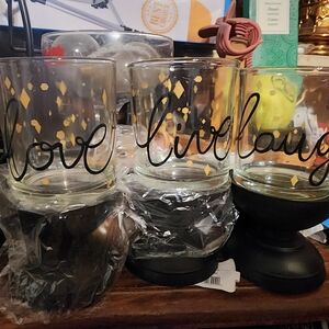 Black Base Glass Candle Holders with Gold Diamond Accents - Set of 3